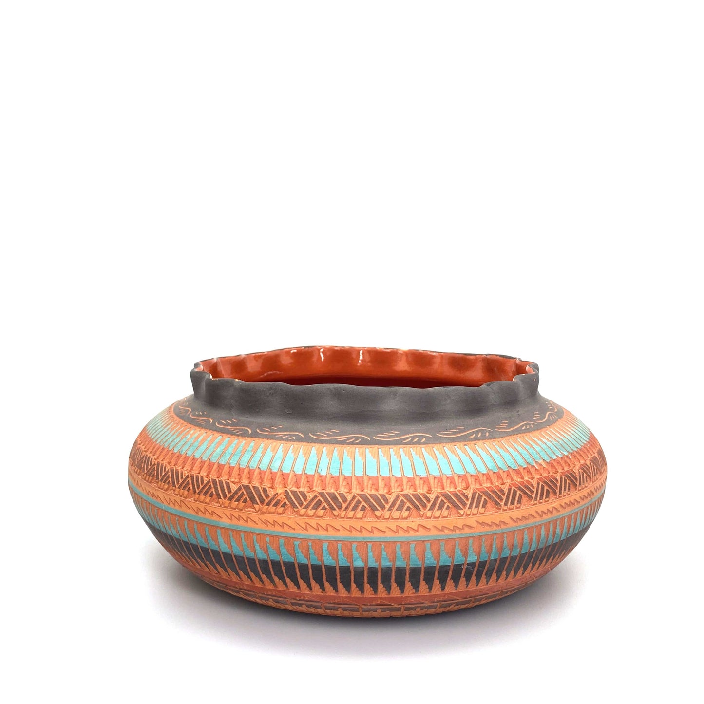 Navajo Pottery by Anna Tsosie Water Bowl Scalloped Top Terra Cotta Hand Etched 9”
