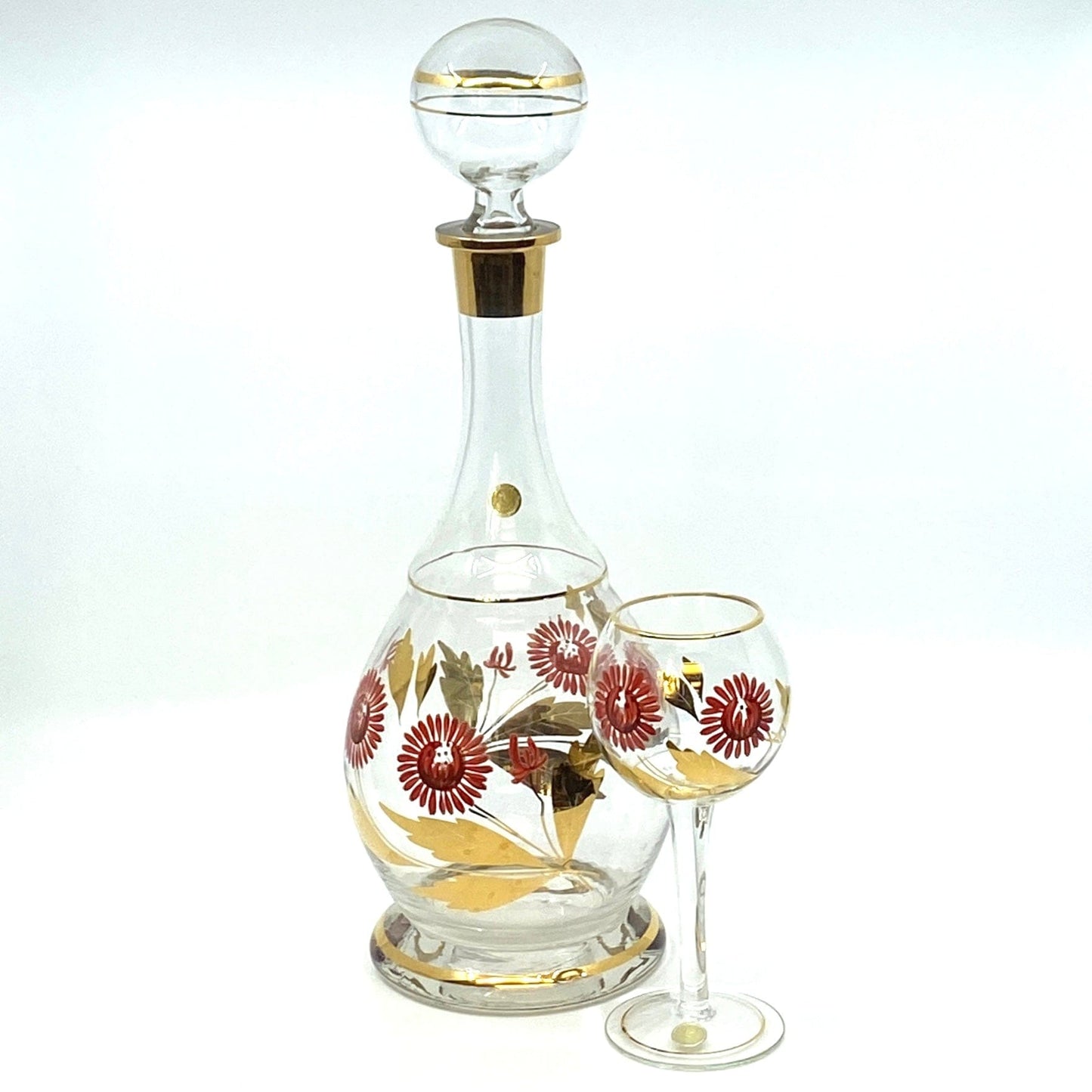 Vintage Decanter and Stemmed Glasses Made in Romania Red Flowers Gold Leaves - 7 Piece Set