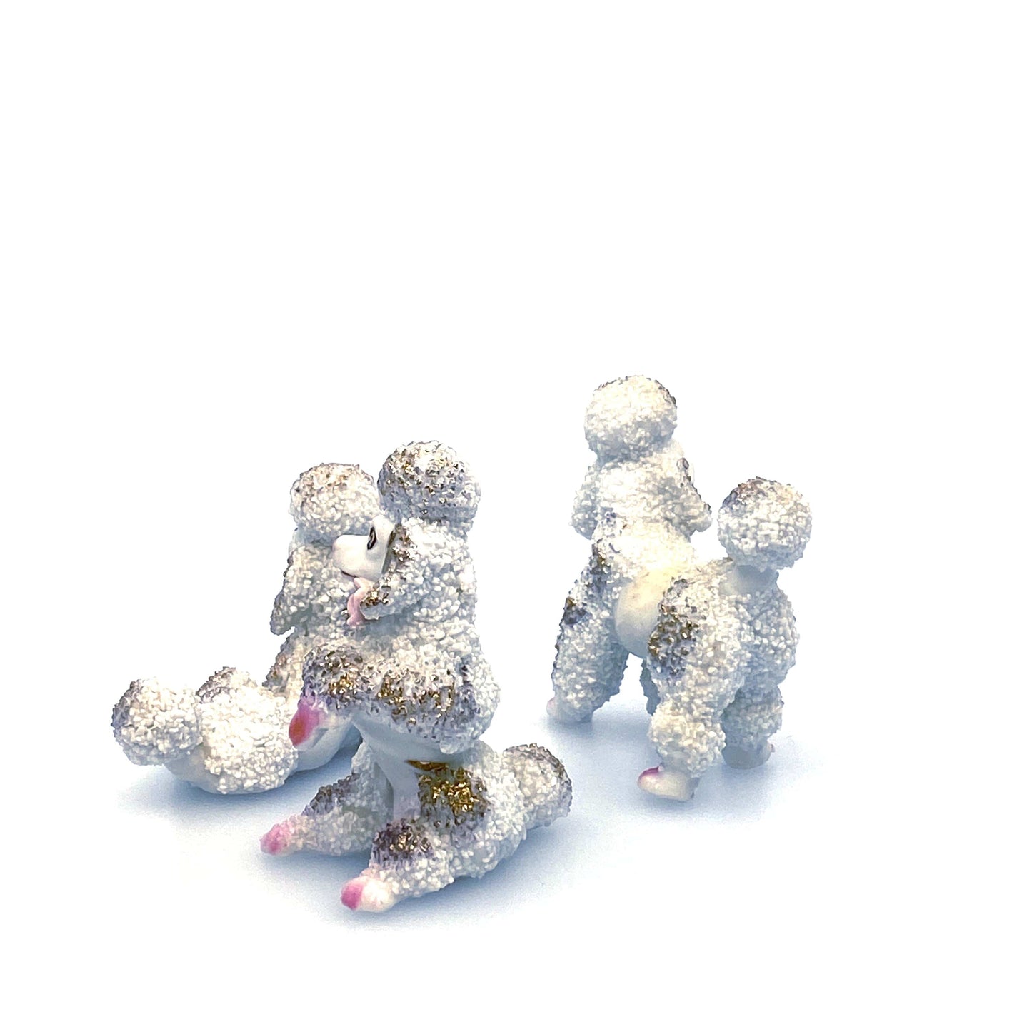 Vintage Poodles Figurines Set of 3 White Gold Spaghetti Style Japan