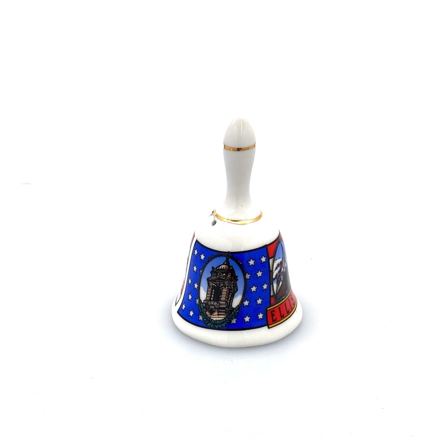 Vintage Hand Bell Travel Tourism Collectible White Porcelain - ELLIS ISLAND