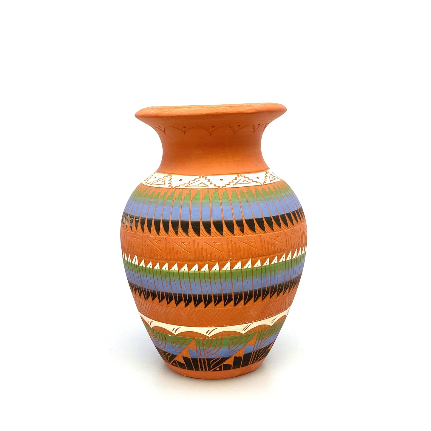 Navajo Pottery Vase Anna Tsosie Signed Terra Cotta Hand Etched 8” Orange Blue