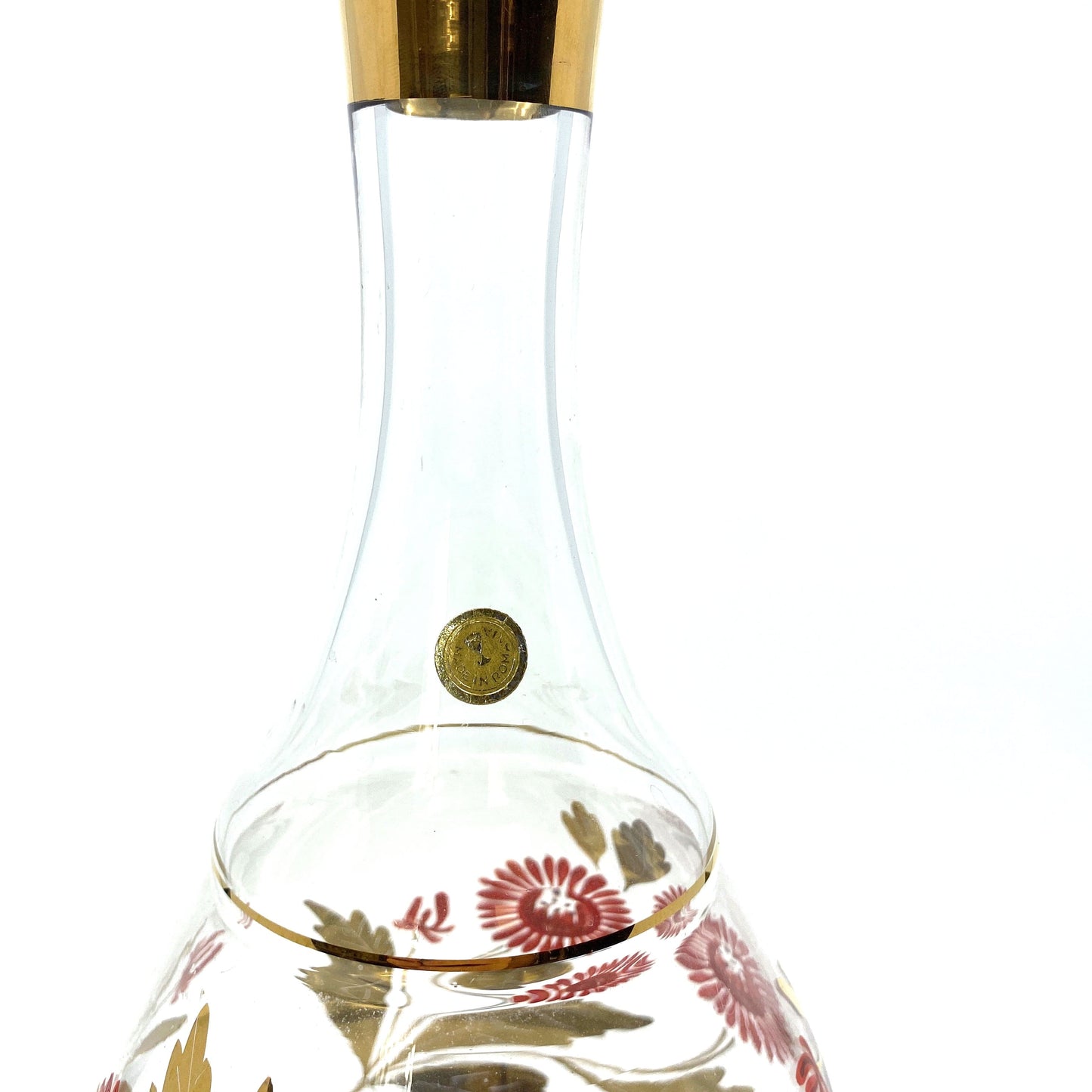 Vintage Decanter and Stemmed Glasses Made in Romania Red Flowers Gold Leaves - 7 Piece Set