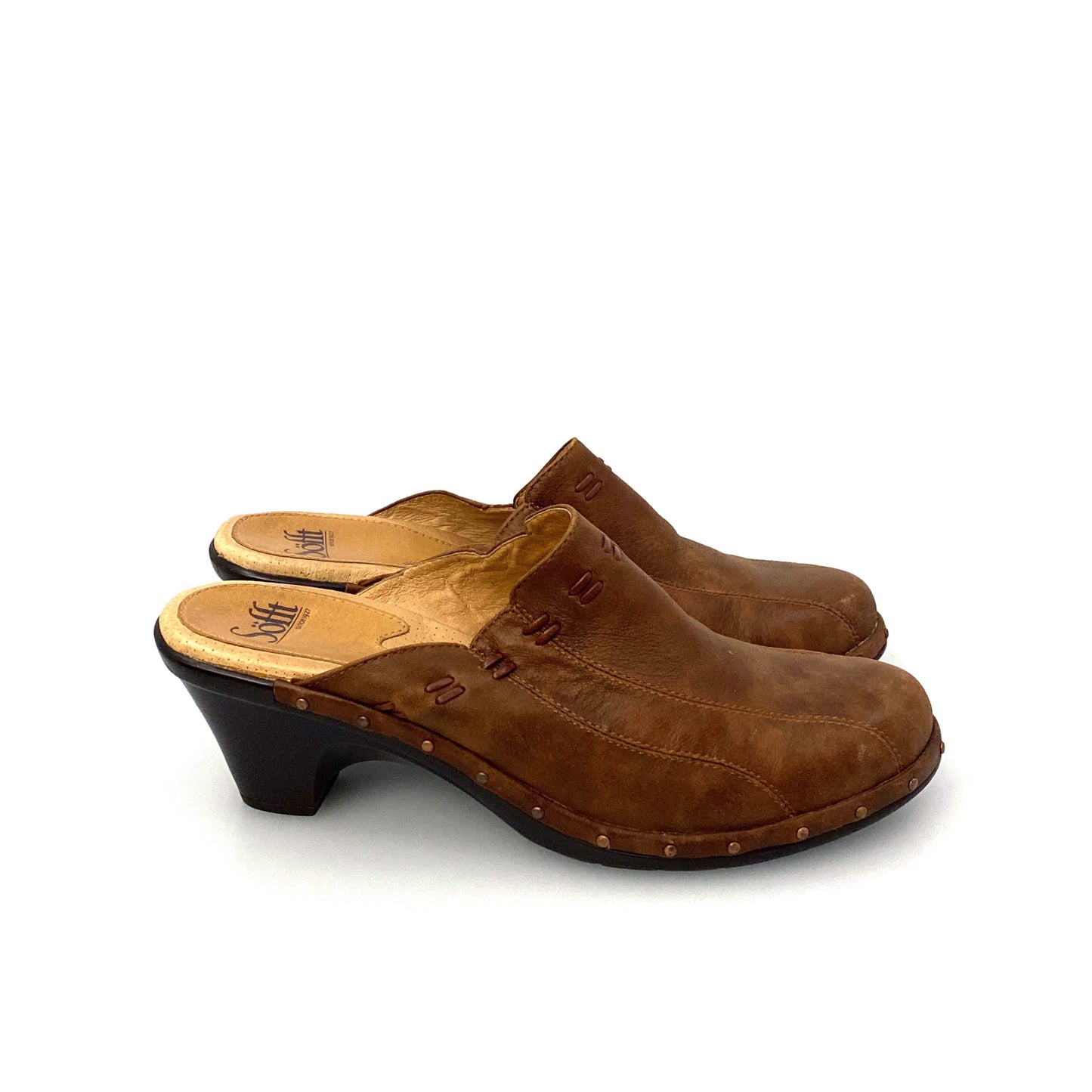 Sofft Womens Size 9M Brown Mules Shoes Leather Stitched Heeled