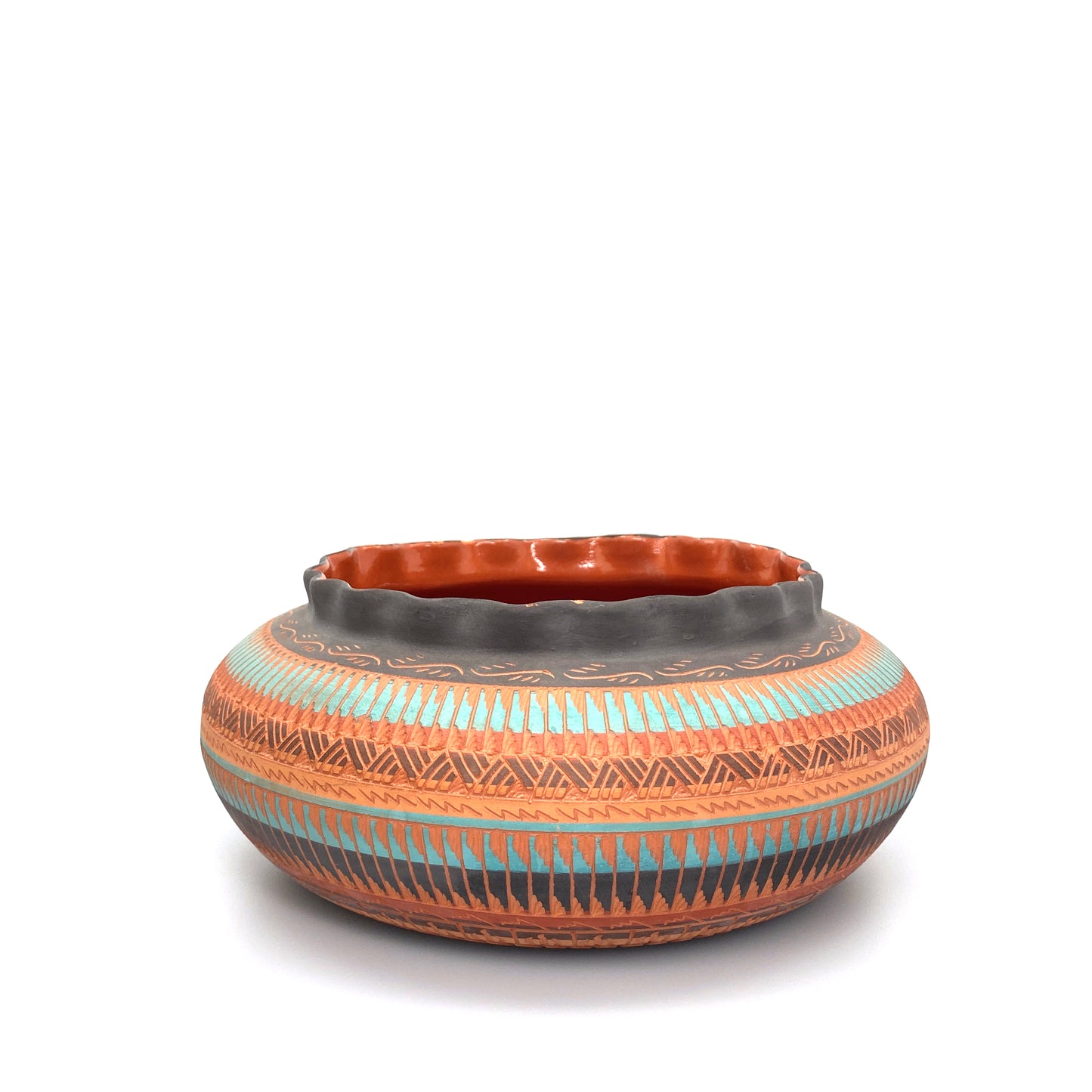 Navajo Pottery by Anna Tsosie Water Bowl Scalloped Top Terra Cotta Hand Etched 9”