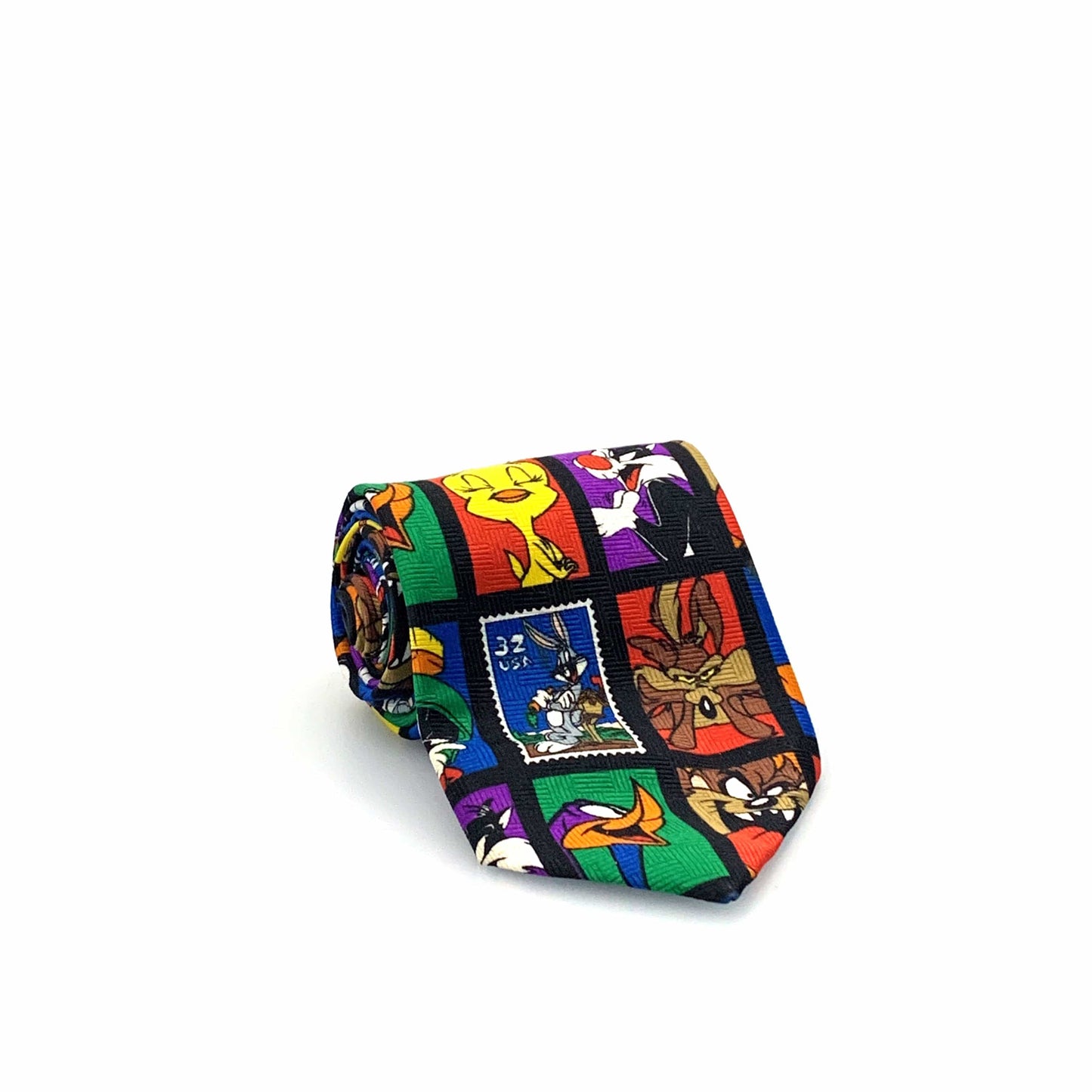 Vintage 1997 Mens Necktie Looney Tunes Stamp Collection Cartoon Characters 57”