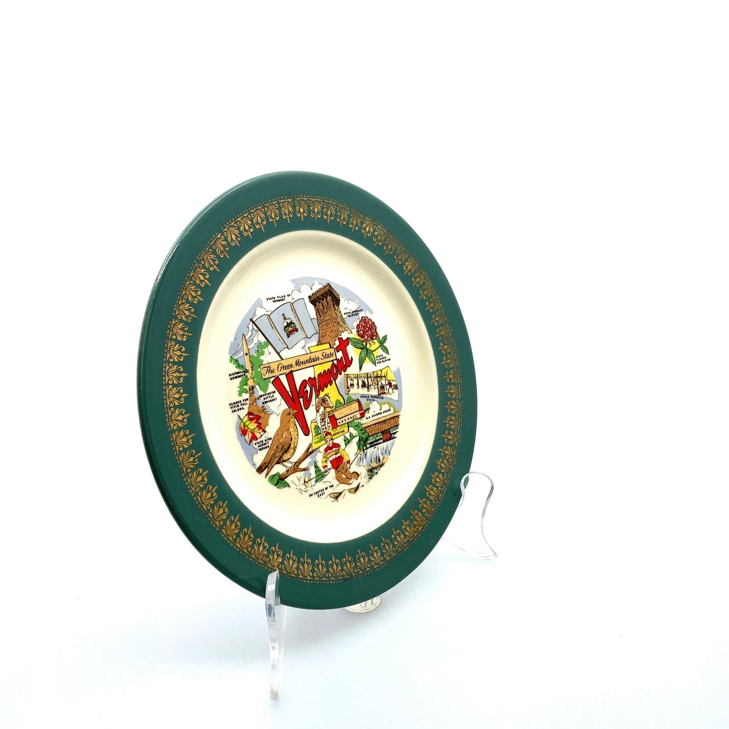 Vintage State Souvenir Plate “Vermont” Collectible, White/Green - 7”