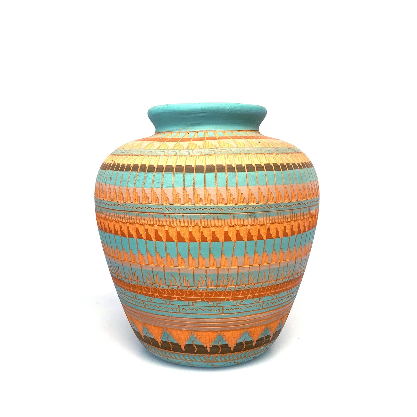 Navajo Vase Anna Tsosie Signed Terra Cotta Hand Etched - 9” Orange Teal Blue