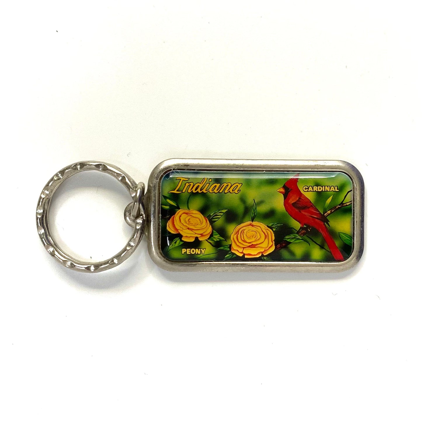 Vintage Indiana Enamel Cardinal Peony Souvenir Keychain Key Ring Metal Rectangle Silver