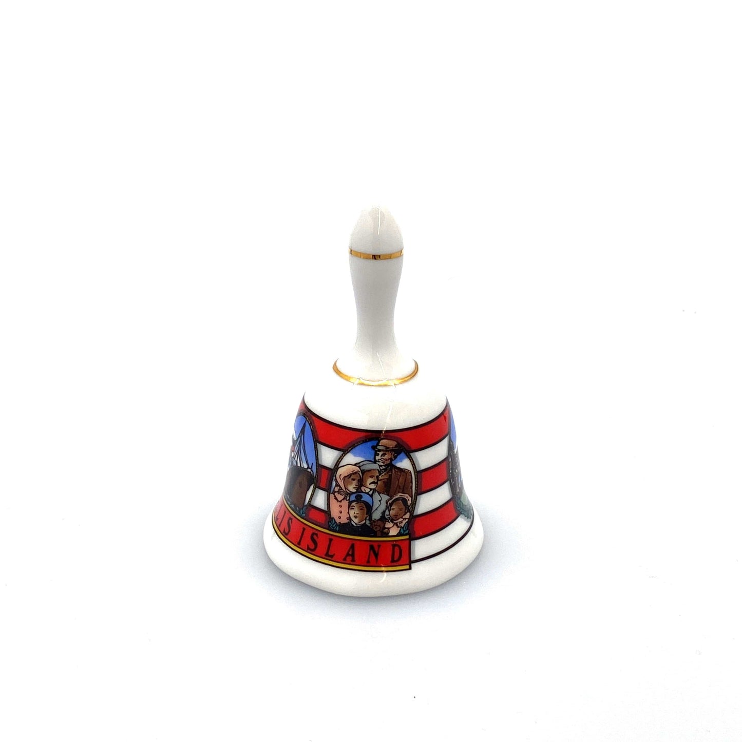 Vintage Hand Bell Travel Tourism Collectible White Porcelain - ELLIS ISLAND