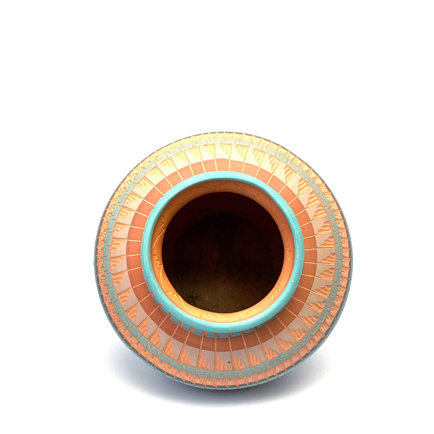Navajo Vase Anna Tsosie Signed Terra Cotta Hand Etched - 9” Orange Teal Blue