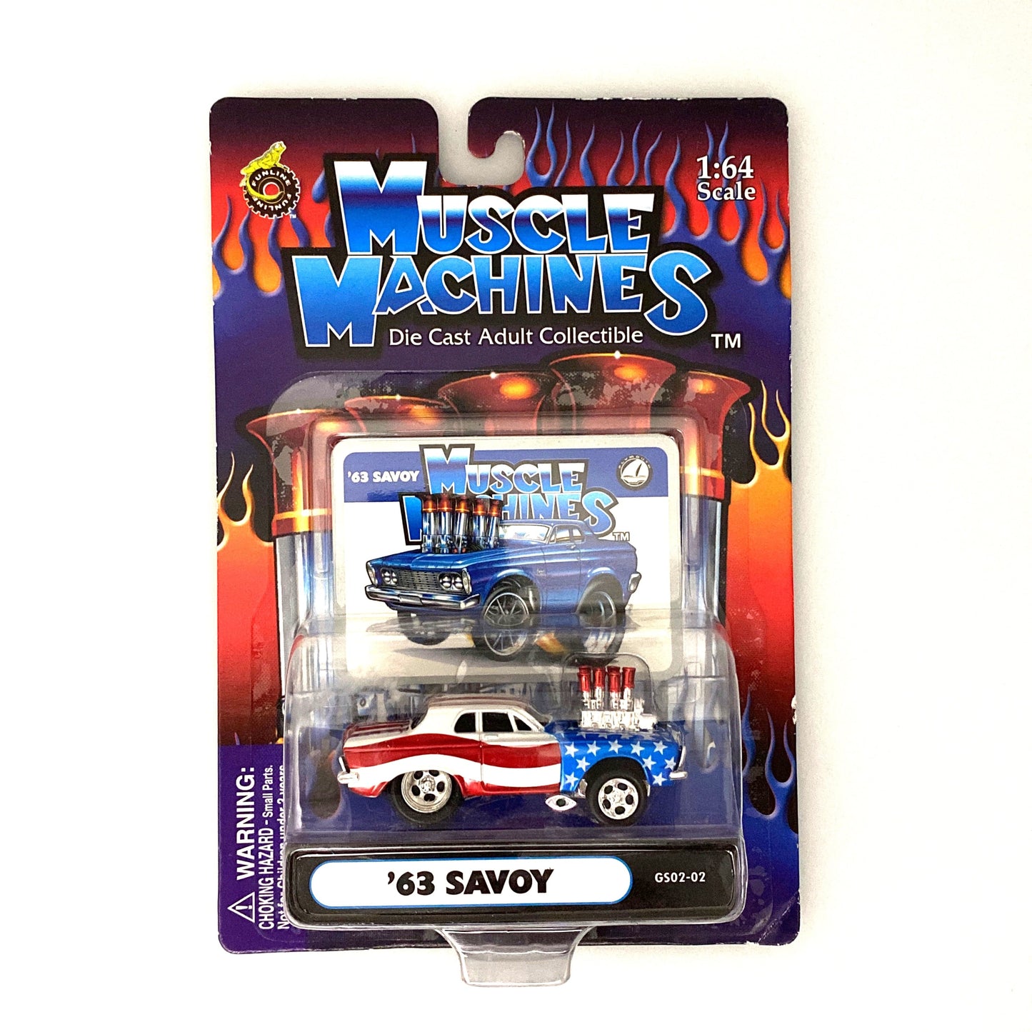 Muscle Machines '63 Savoy Diecast Car – Vintage-Inspired 1:64 Scale Model for Collectors – Red/White/Blue