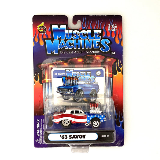 Muscle Machines '63 Savoy Diecast Car – Vintage-Inspired 1:64 Scale Model for Collectors – Red/White/Blue