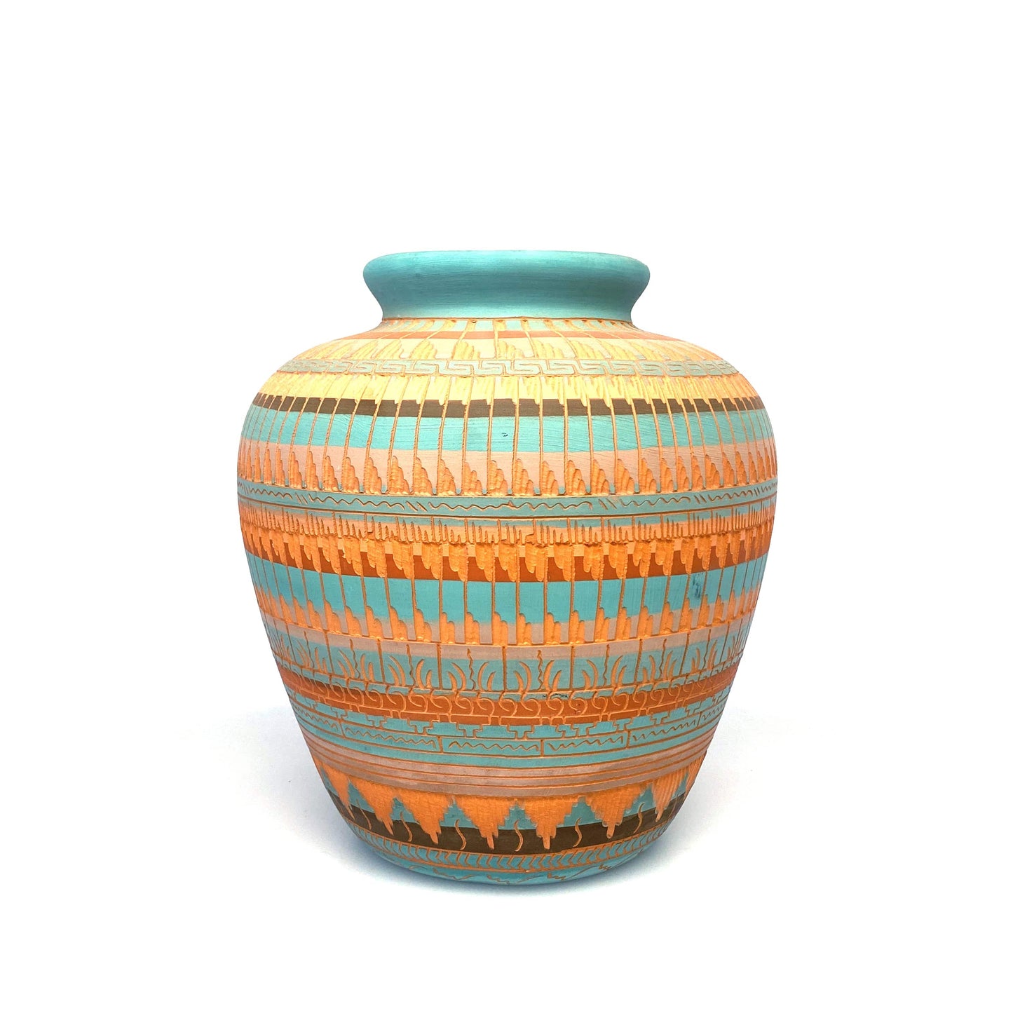 Navajo Vase Anna Tsosie Signed Terra Cotta Hand Etched - 9” Orange Teal Blue