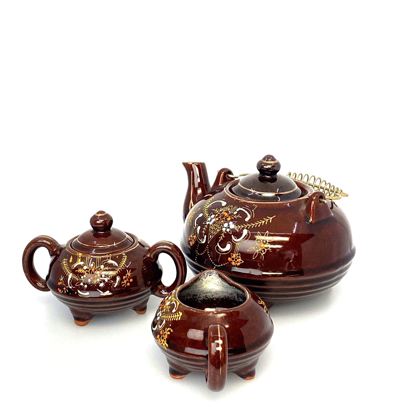 Redware Brown Betty | Moriage Tea Pot Cream Sugar Bowl Set Japan 1960’s | Vintage Hand-Painted