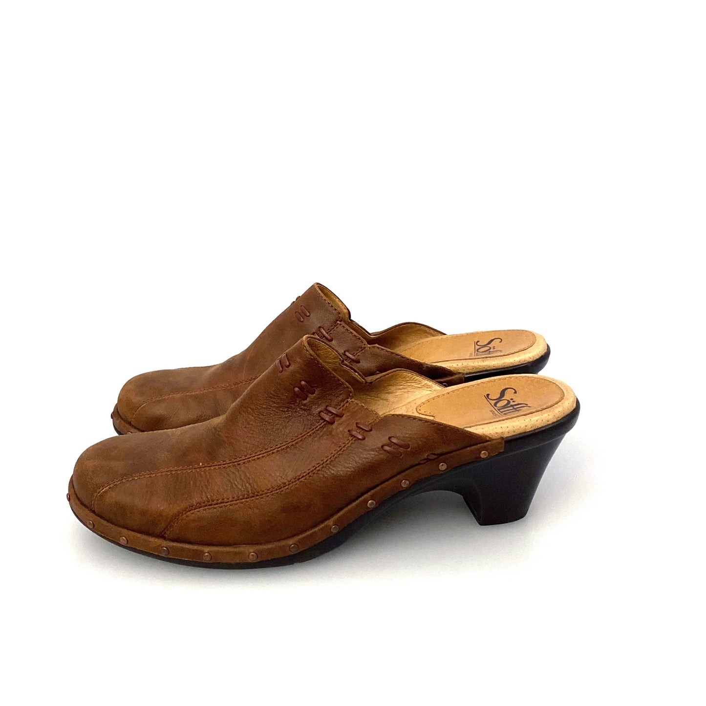 Sofft Womens Size 9M Brown Mules Shoes Leather Stitched Heeled