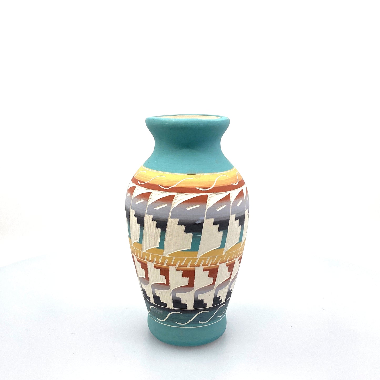 Lakota Pottery Vase Signed T.K. Lakota 99 Terra Cotta Hand Etched 8” Blue White Orange