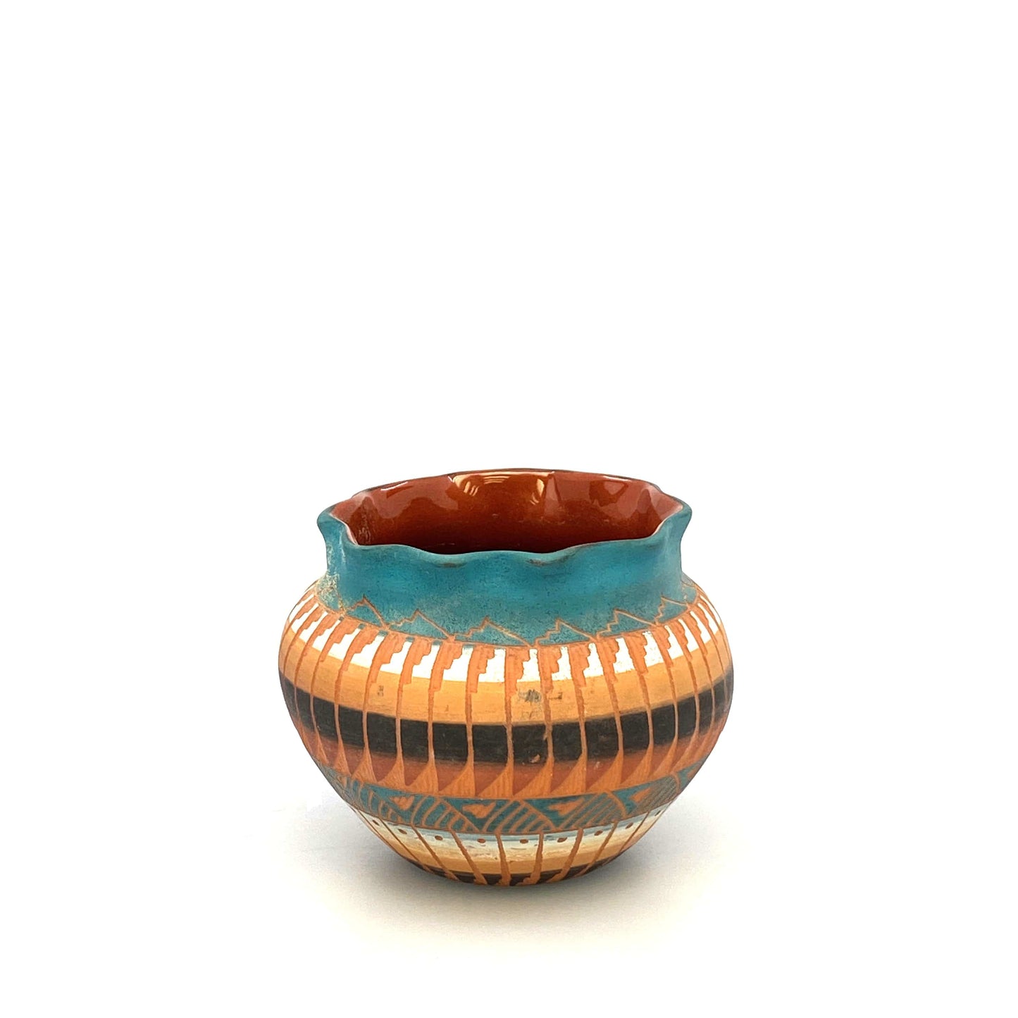 Navajo Pottery by Anna Tsosie Terra Cotta Hand Etched Small Pot 3.5” Blue Orange Brown