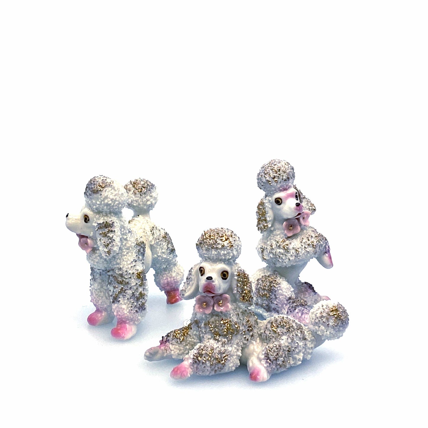 Vintage Poodles Figurines Set of 3 White Gold Spaghetti Style Japan