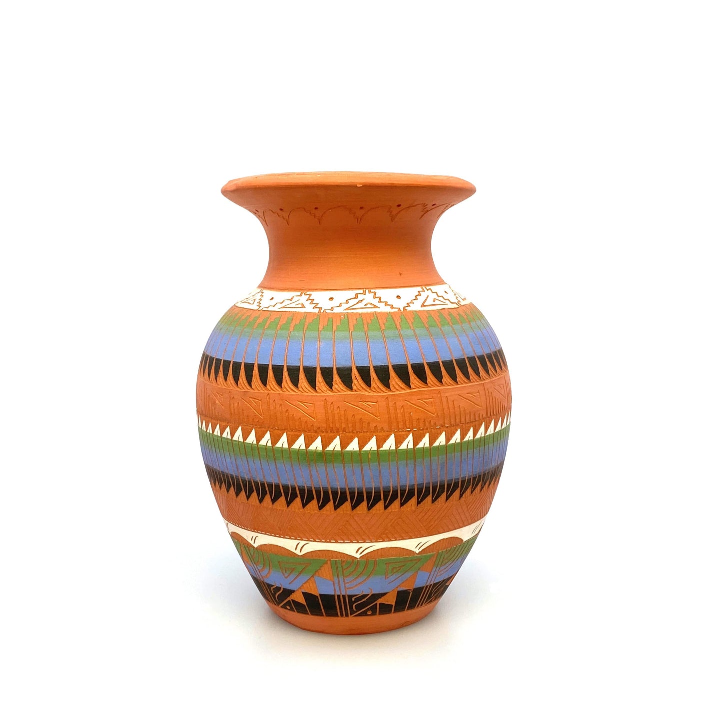 Navajo Pottery Vase Anna Tsosie Signed Terra Cotta Hand Etched 8” Orange Blue