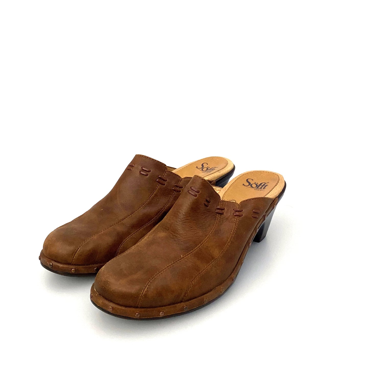 Sofft Womens Size 9M Brown Mules Shoes Leather Stitched Heeled