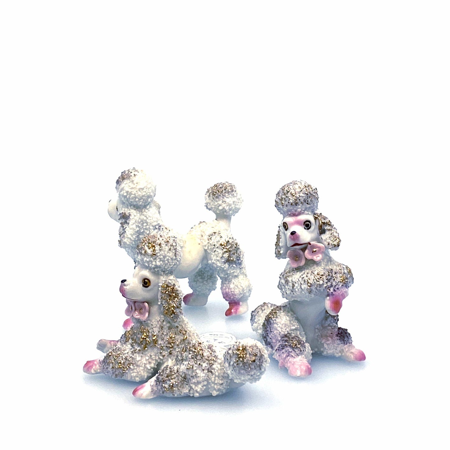 Vintage Poodles Figurines Set of 3 White Gold Spaghetti Style Japan