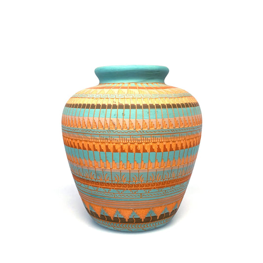 Navajo Vase Anna Tsosie Signed Terra Cotta Hand Etched - 9” Orange Teal Blue