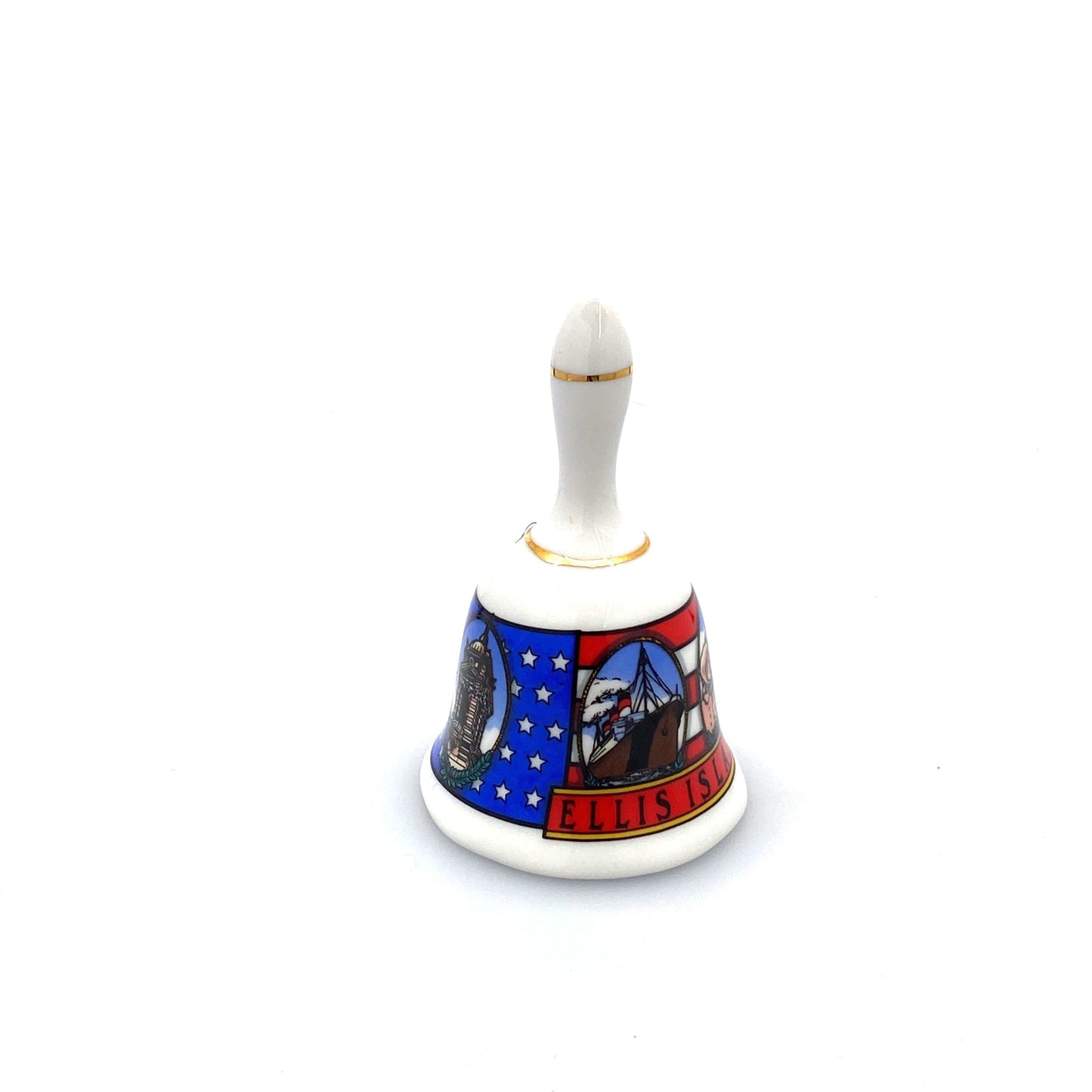 Vintage Hand Bell Travel Tourism Collectible White Porcelain - ELLIS ISLAND