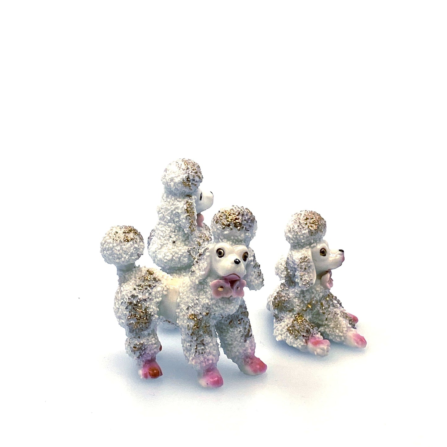 Vintage Poodles Figurines Set of 3 White Gold Spaghetti Style Japan