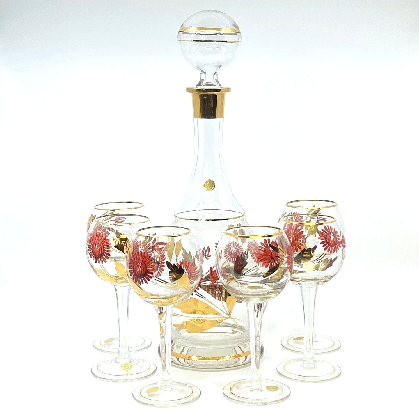 Vintage Decanter and Stemmed Glasses Made in Romania Red Flowers Gold Leaves - 7 Piece Set