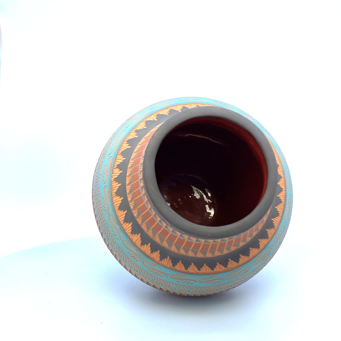 Navajo Pottery Vase | Hand-Etched & Painted Anna Tsosie Signed | Turquoise and Terracotta Tones | 7” | Vintage EUC