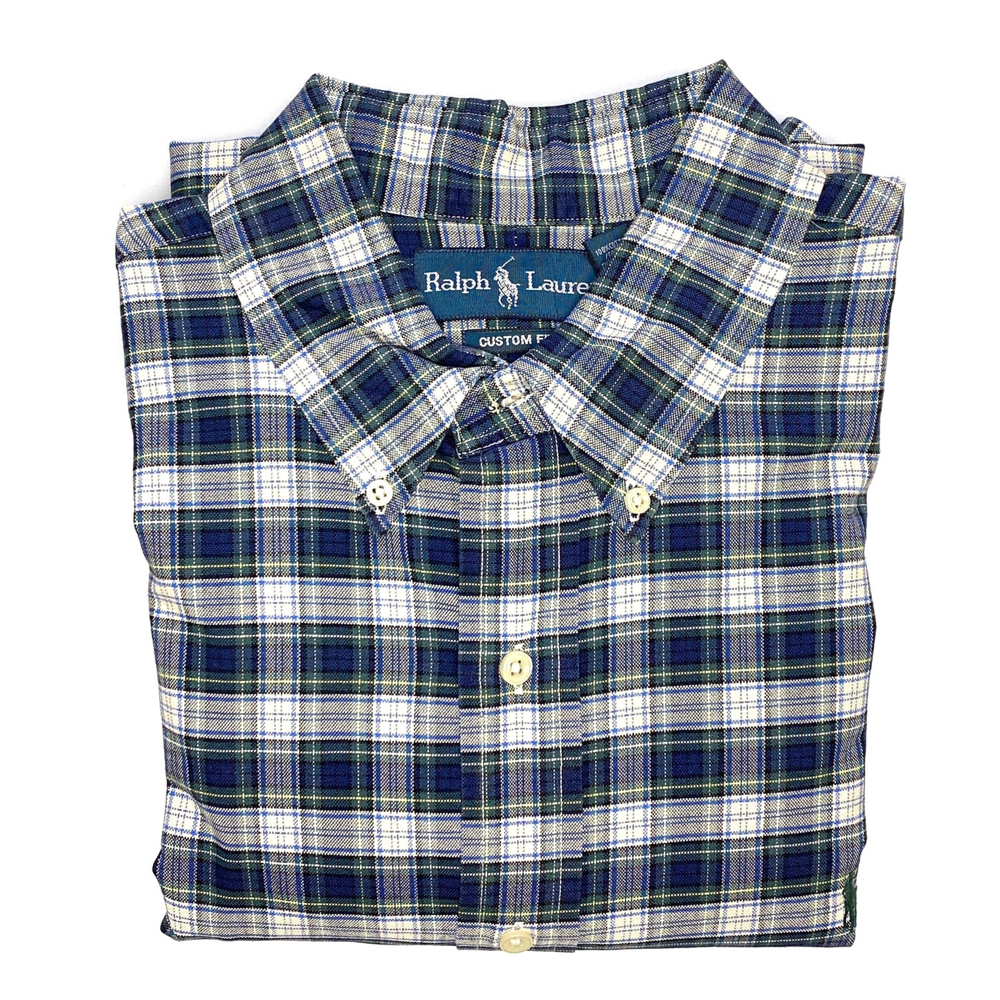 Ralph Lauren Men's Custom Fit Plaid Dress Shirt - Size L - Blue/White/Green - 100% Cotton