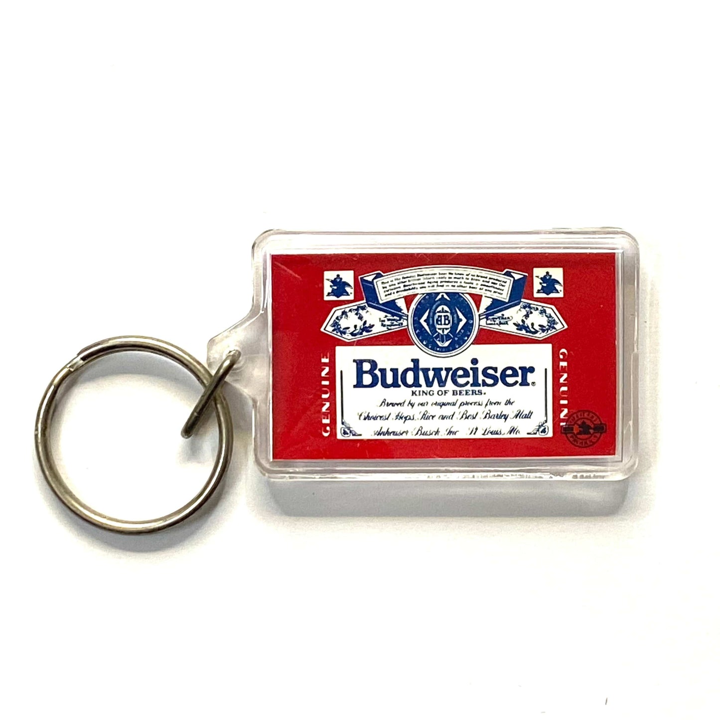 Vintage Budweiser Travel Souvenir Keychain Key Ring Rectangle Clear Acrylic