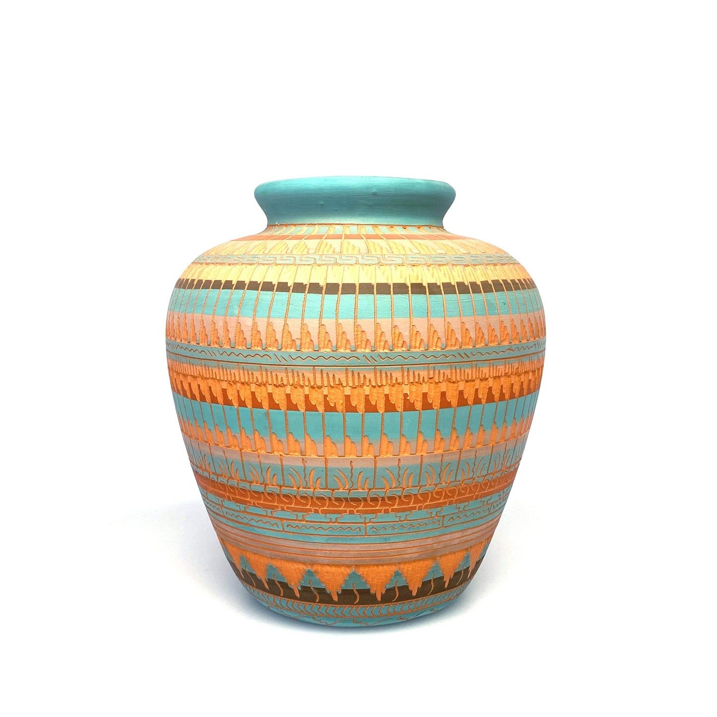 Navajo Vase Anna Tsosie Signed Terra Cotta Hand Etched - 9” Orange Teal Blue