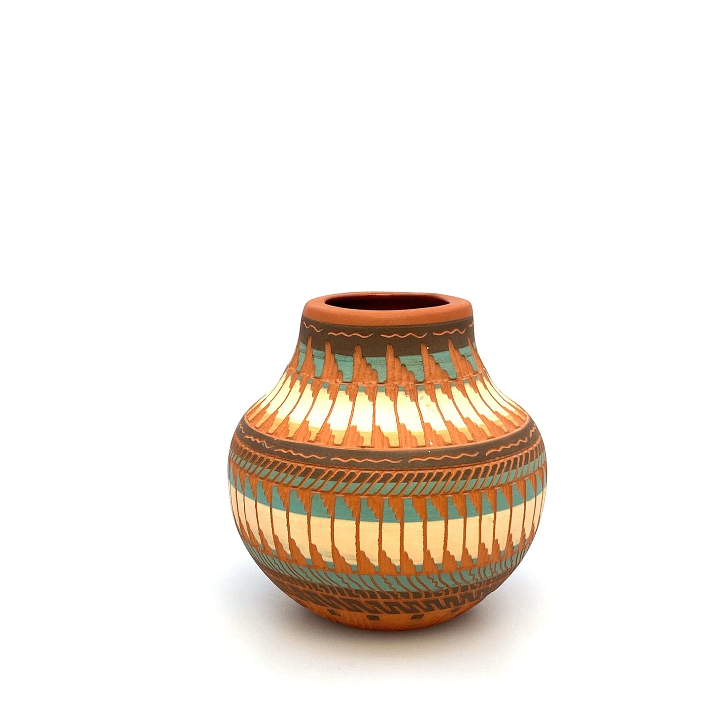 Navajo Pottery by Anna Tsosie Terra Cotta Hand Etched Seed Pot 5” Orange Blue Brown