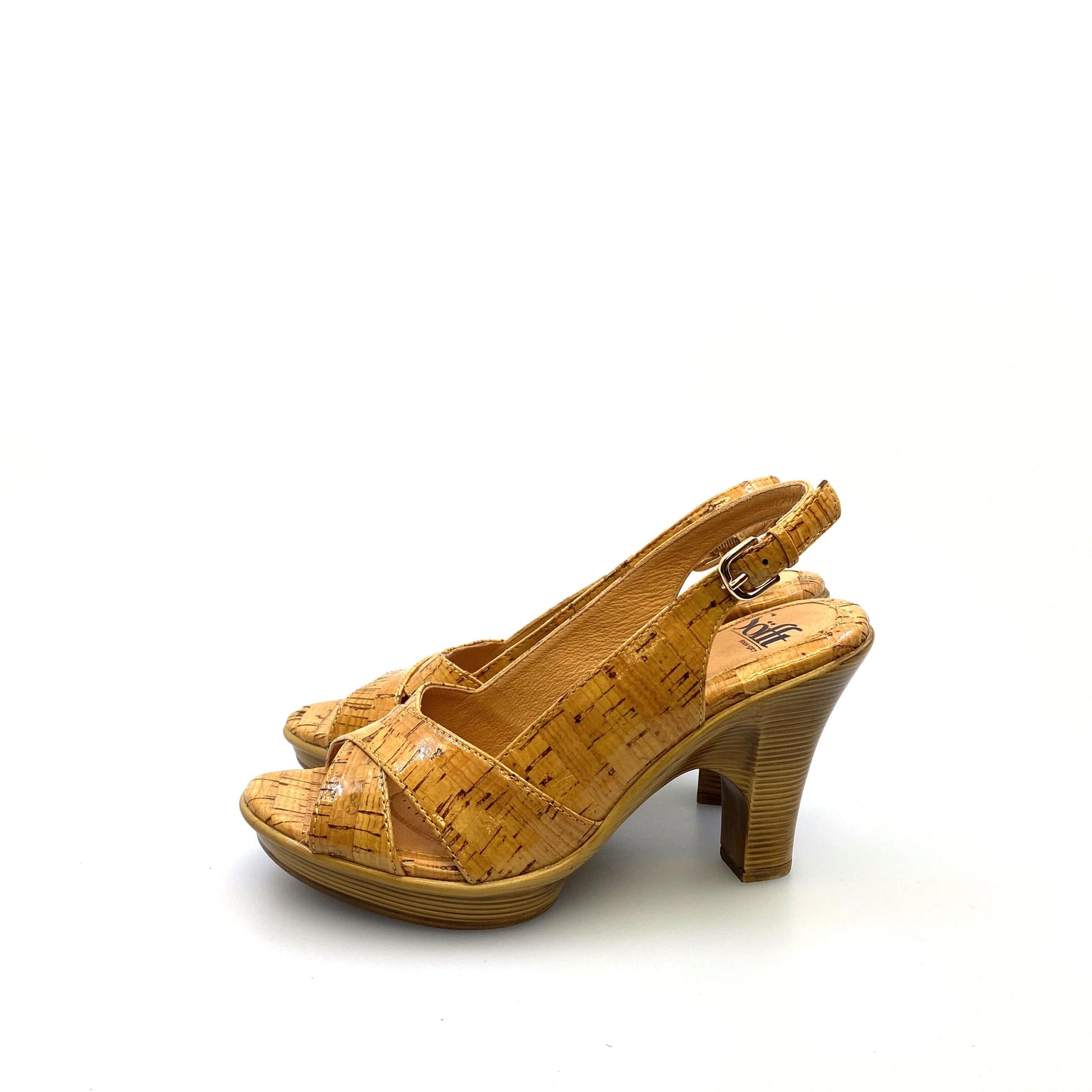Sofft Womens “Portia” Size 6M Natural Laminated Cork Open-Toe Slingback Heels