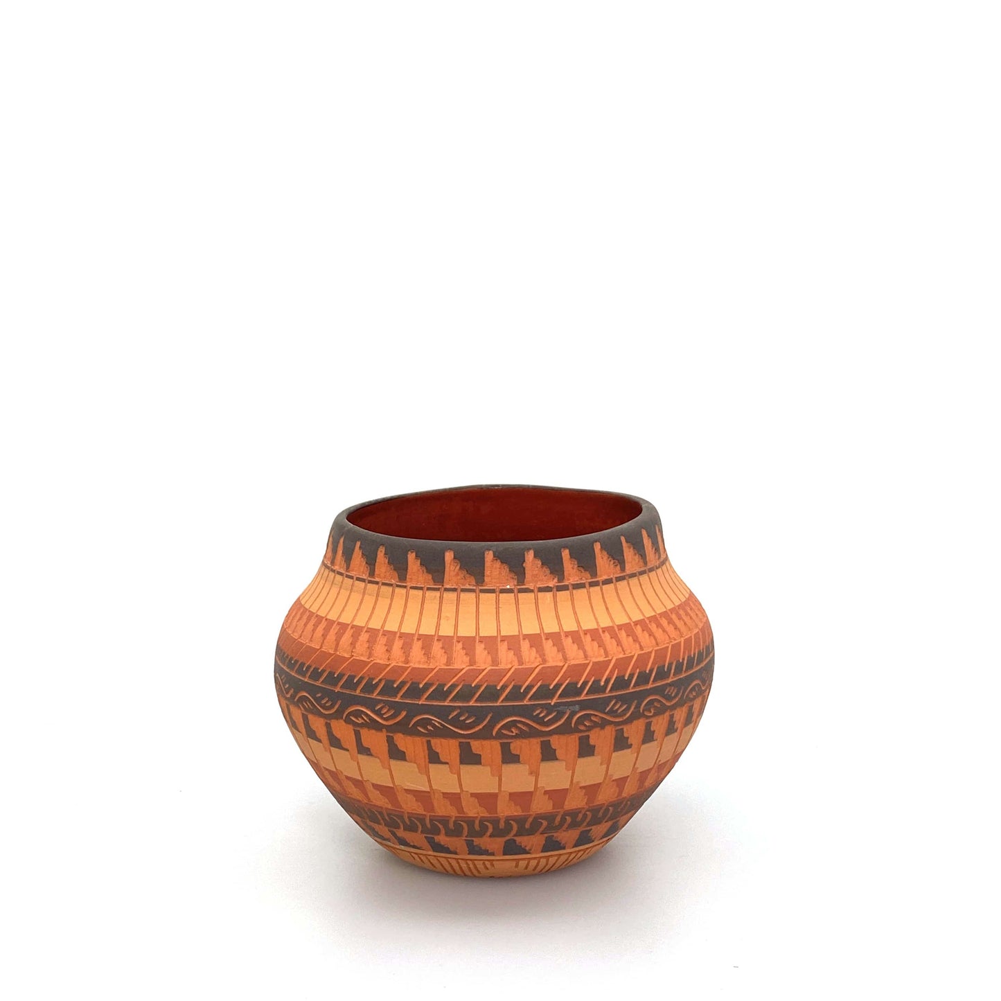 Navajo Pottery by Anna Tsosie Terra Cotta Hand Etched Small Pot 4.5” Orange Brown