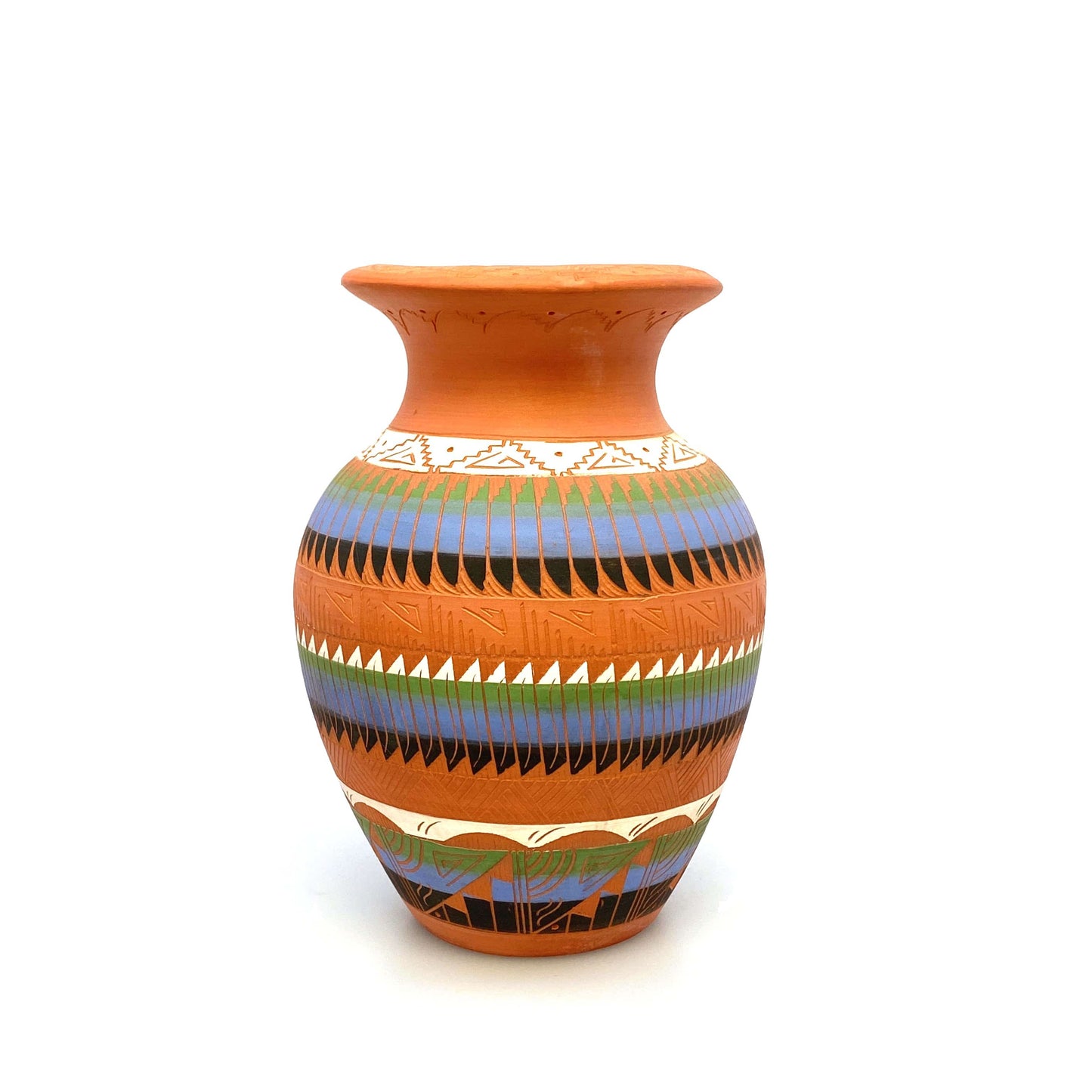 Navajo Pottery Vase Anna Tsosie Signed Terra Cotta Hand Etched 8” Orange Blue