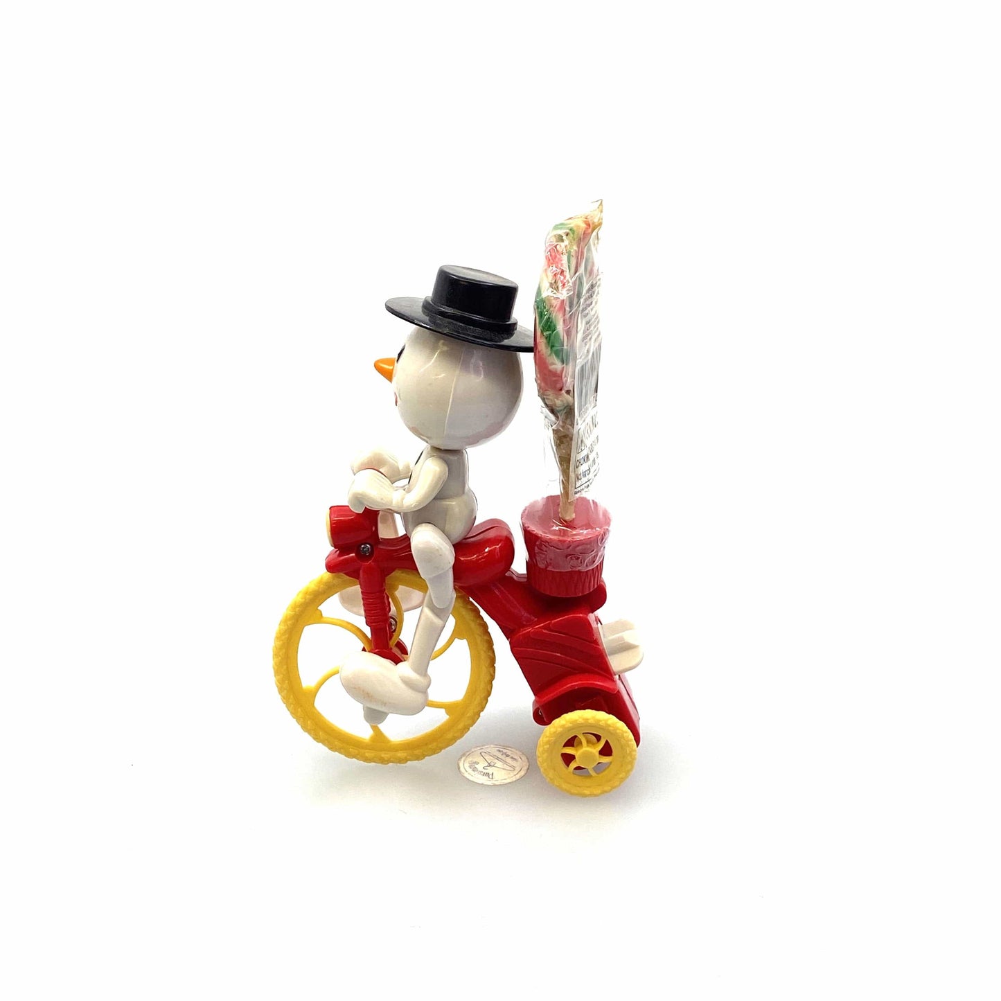 Vintage Stocking Stuffer Christmas Toy Wind-Up Snowman on Bicycle w/Candy*