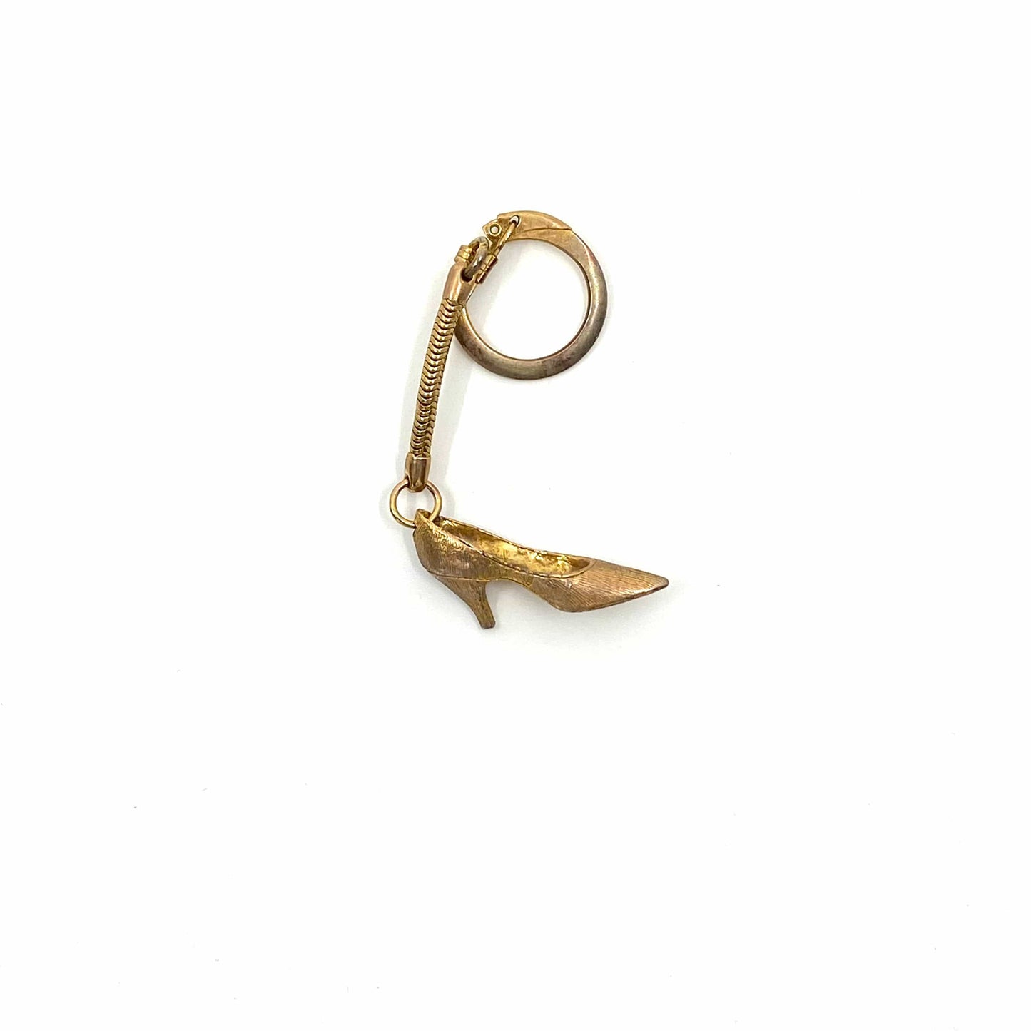 Vintage High Heel Shoe Keychain Goldtone Textured Metal Keyring Stiletto