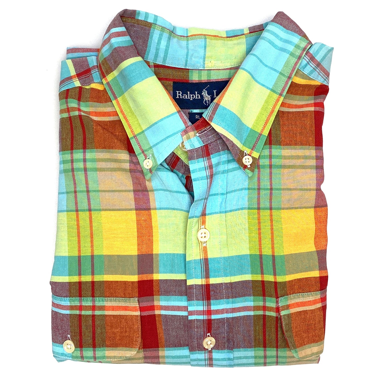 Ralph Lauren Men's Plaid Button-Up Shirt - Size L - Pastel Yellow/Blue/Purple - 100% Cotton