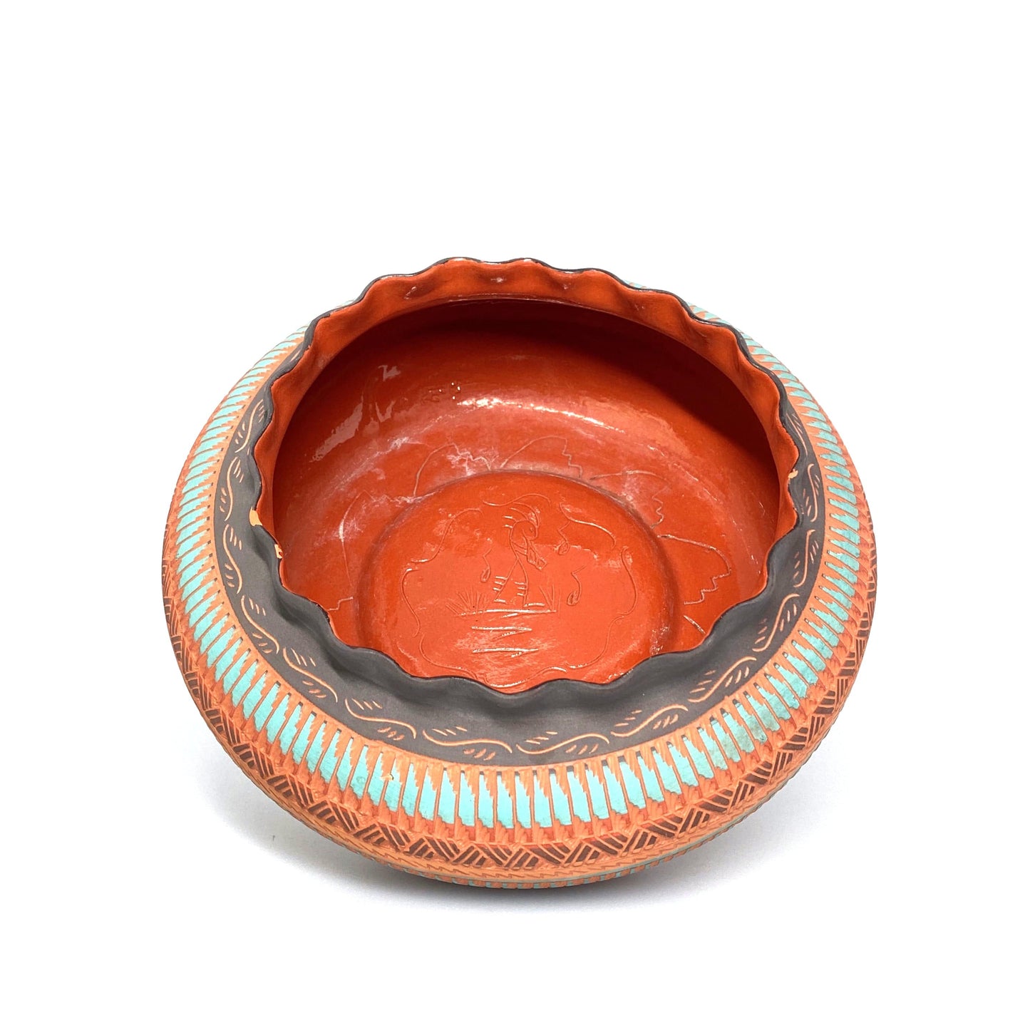 Navajo Pottery by Anna Tsosie Water Bowl Scalloped Top Terra Cotta Hand Etched 9”