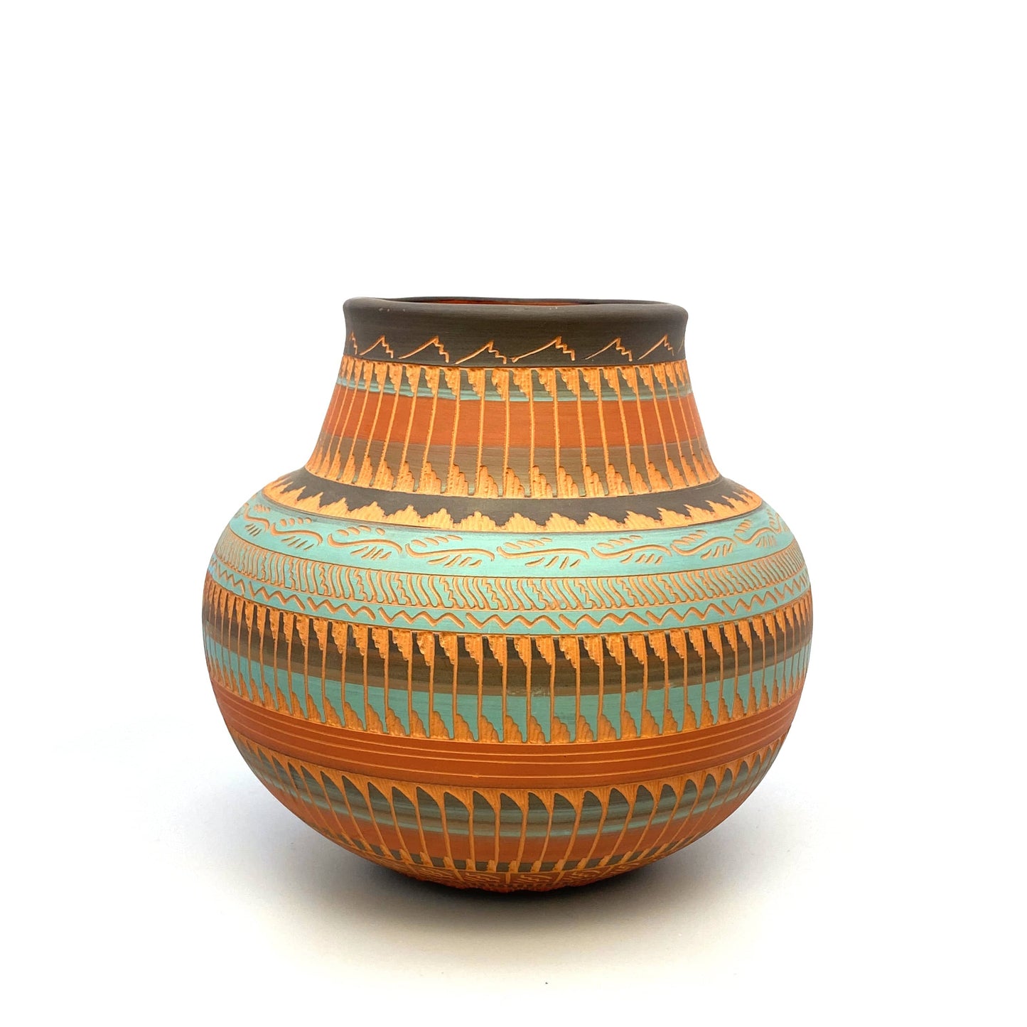 Navajo Pottery Vase | Hand-Etched & Painted Anna Tsosie Signed | Turquoise and Terracotta Tones | 7” | Vintage EUC