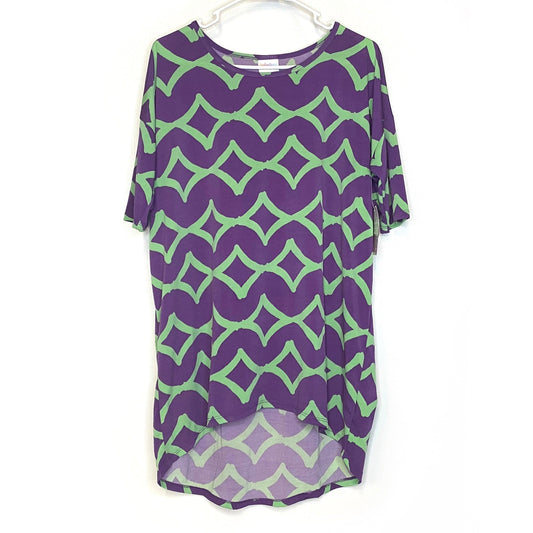 LuLaRoe Womens S Irma Purple/Green Trellis Pattern S/s Tunic Top NWT
