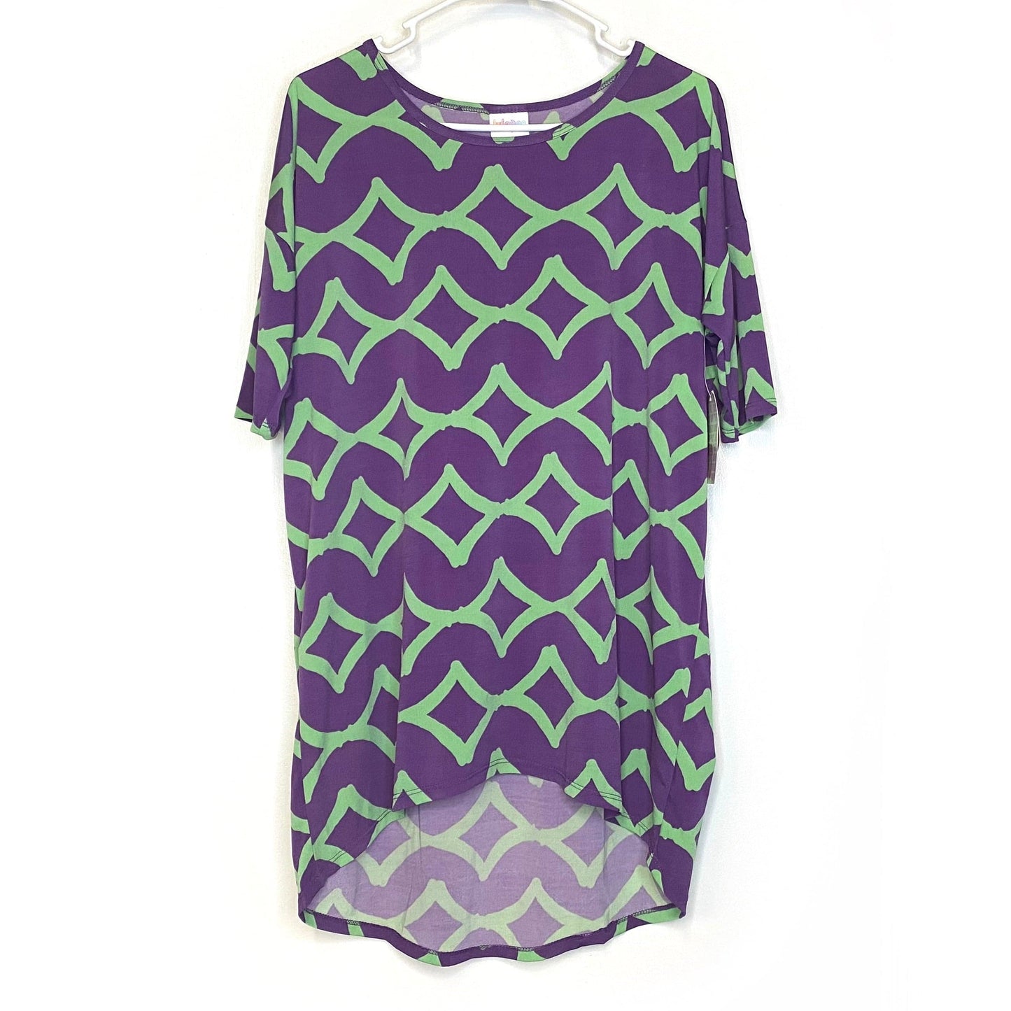 LuLaRoe Womens S Irma Purple/Green Trellis Pattern S/s Tunic Top NWT