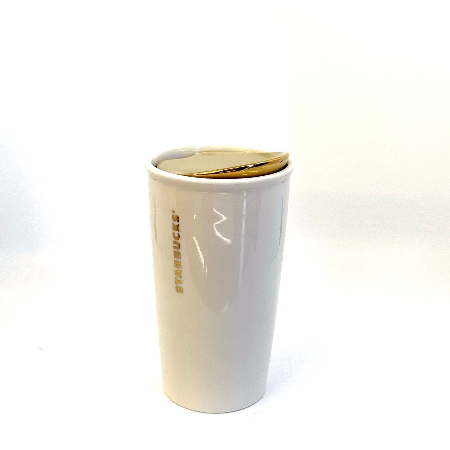 Starbucks | 2015 Ceramic Zipper Mug w/Lid | Color: White/Gold | Size: 12 fl oz | NWT