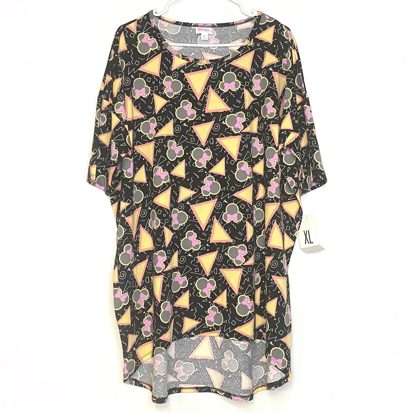 LuLaRoe Womens XL Irma Black/Pink/Yellow ‘Minnie Mouse’ Retro/Triangles Pattern S/s Tunic Top NWT