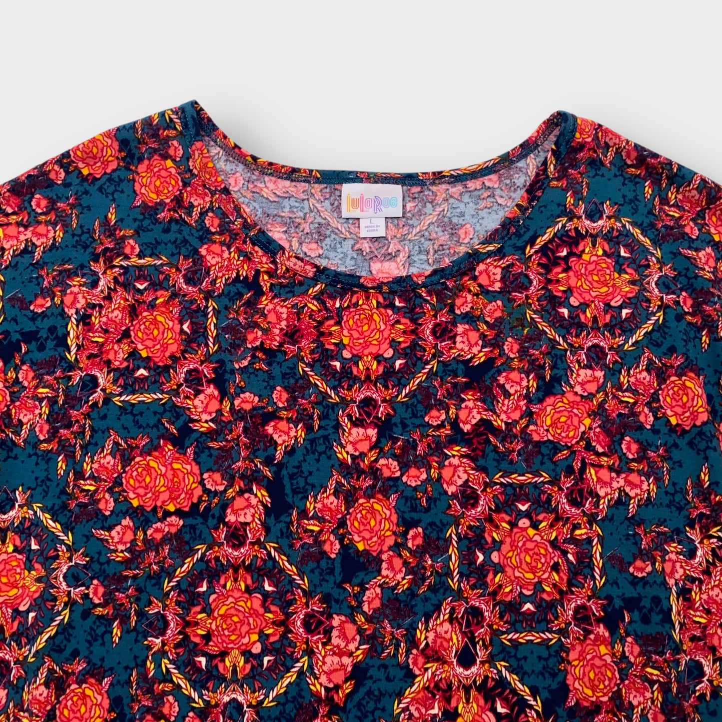 LuLaRoe Irma Tunic Top - Floral Medallion Print - Women's L (12-14) - High-Low Hem - Teal/Red