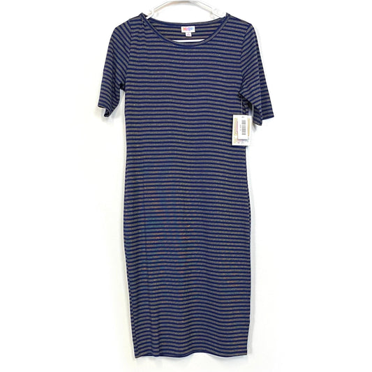 LuLaRoe Womens S Blue/Gold Striped Julia Shift Dress Scoop Neck ½ Sleeves NWT
