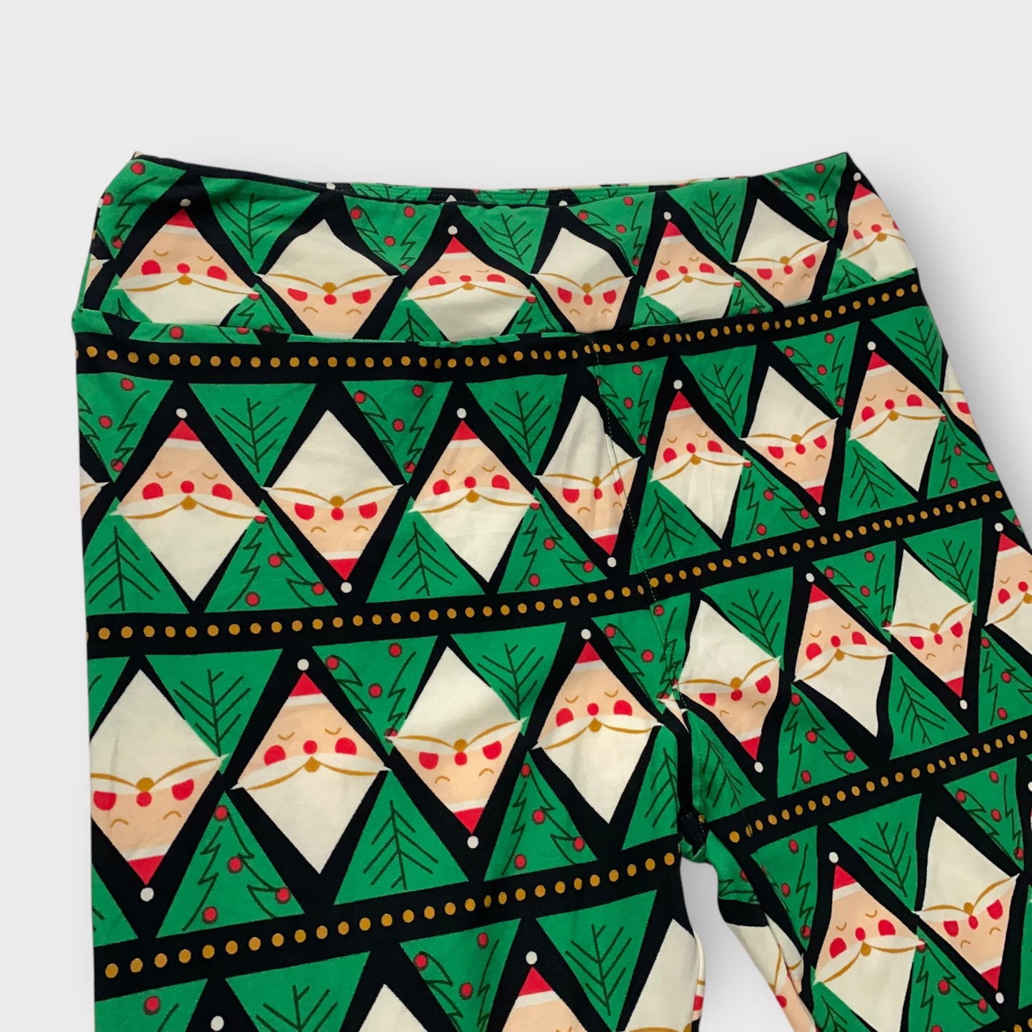 LuLaRoe Leggings TC (12-18) - Green & Beige Santa Face Geometric Print - Ultra Soft Stretch Fabric