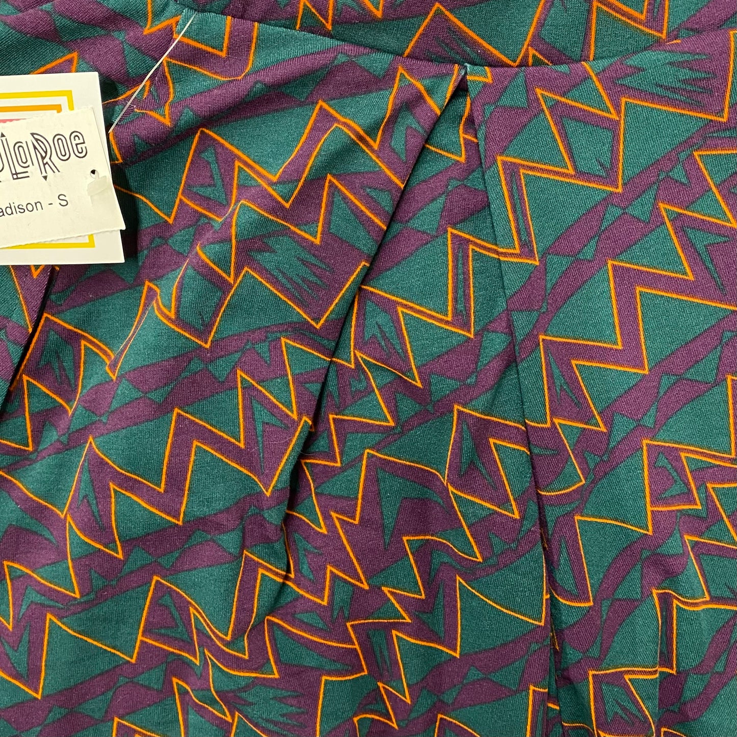 LuLaRoe Size S Purple/Green Dynamic ZigZags Pattern Madison Skirt w/Pockets! NWT*